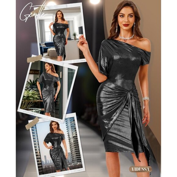 VIDUSSA Sparkly One-Shoulder Bodycon Dress, Ruched Tie-Waist Party Cocktail - Picture 4 of 5